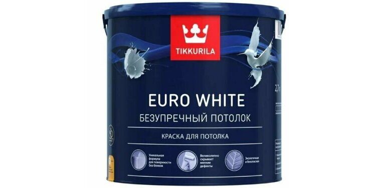 Краска для потолка "TIKKURILA EURO WHITE" водно-дисперсионная, глубокоматовая, белая, 2,7 л